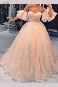 Sparkly Prom Dresses A Line Off-the-shoulder Short Sleeve Floor Length Prom Dress KPP0645