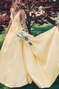 Elegant A Line Yellow V Neck Party Gown Senior Girls Prom Long Dresses with V Back KPP0646