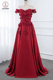 Burgundy Off the Shoulder A Line Satin Prom Dress with Lace Flowers Party Dresses KPP0648