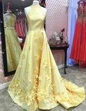 A Line Formal Yellow Halter Handmade Flowers Prom Dresses with Sweep Train KPP0649