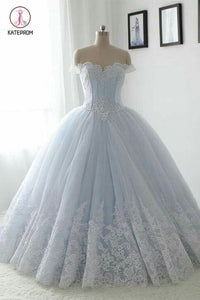 Floor Length Puffy Off the Shoulder Prom Dress with Lace, Ball Gown Quinceanera Dresses KPP0651