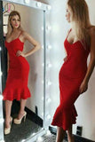 Sheath Spaghetti Straps Tea-Length Red Spaghetti Strap Homecoming Prom Dress KPP0654