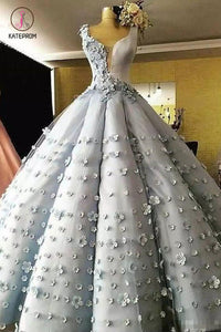 Princess Gray Tulle Flower Ball Gown Prom Dress, Floor Length Quinceanera Dresses KPP0656