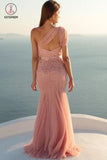 Unique Mermaid One Shoulder Tulle With Beads and Sash Prom Dresses, Evening Dress KPP0658