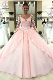 Puffy Long Sleeve Prom Dress with Lace, Pink Tulle Long Quinceanera Dresses KPP0659