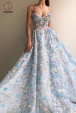 Blue Lace Spaghetti Strap 3D Flowers Applique Prom Dress, Ball Gowns KPP0753