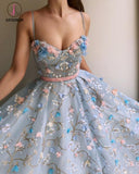 Blue Lace Spaghetti Strap 3D Flowers Applique Prom Dress, Ball Gowns KPP0753