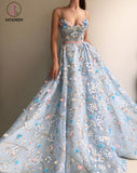 Blue Lace Spaghetti Strap 3D Flowers Applique Prom Dress, Ball Gowns KPP0753