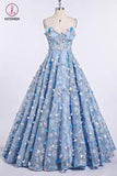 Blue Lace Spaghetti Strap 3D Flowers Applique Prom Dress, Ball Gowns KPP0753