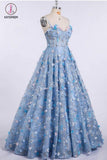 Blue Lace Spaghetti Strap 3D Flowers Applique Prom Dress, Ball Gowns KPP0753