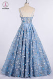 Blue Lace Spaghetti Strap 3D Flowers Applique Prom Dress, Ball Gowns KPP0753