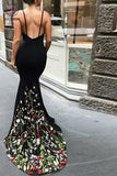 Black Mermaid Prom Dress, Spaghetti Strap Sleeveless Evening Dress with Lace Flowers KPP0667