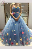 Blue Sweetheart Ball Gown Tulle Prom Dress with Flowers, Floor Length Quinceanera Dress KPP0668