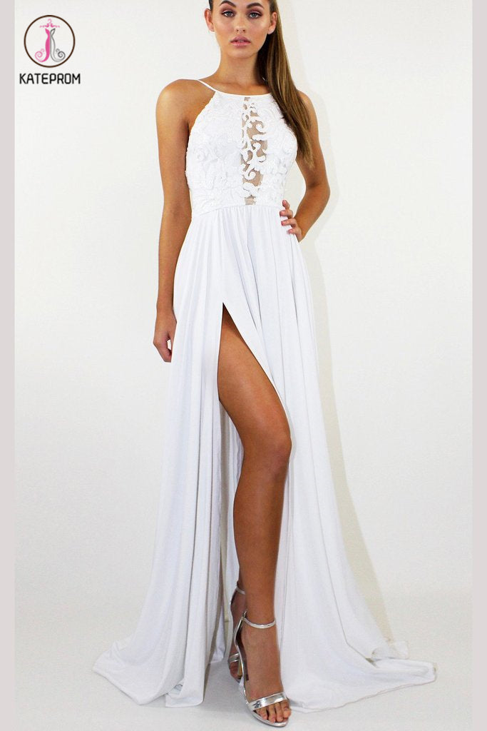 Elegant Sleeveless White Prom Dress for Teens, Sexy Split Chiffon Long kateprom Elegant Sleeveless White Prom Dress for Teens, Sexy Split Chiffon Long kateprom