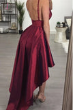 Burgundy High Low Spaghetti Strap V Neck Sleeveless Prom Dress, Party Dresses KPP0672