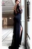 Sexy Long Sleeve Split Prom Dress with Side Slit, Long Evening Dress with Lace KPP0673