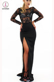 Sexy Long Sleeve Split Prom Dress with Side Slit, Long Evening Dress with Lace KPP0673