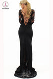 Sexy Long Sleeve Split Prom Dress with Side Slit, Long Evening Dress with Lace KPP0673