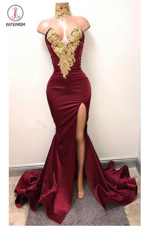 Burgundy V Neck Sleeveless Mermaid Prom Dress with Gold Appliques, Long Evening Dress KPP0676