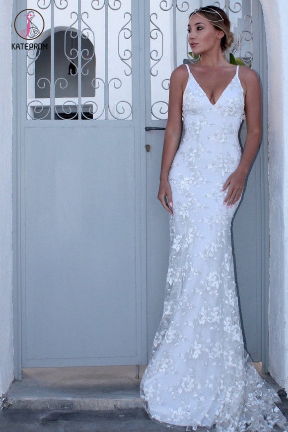 White Spaghetti Strap V Neck Mermaid Prom Dress, Sexy Backless Lace Prom Dress KPP0677