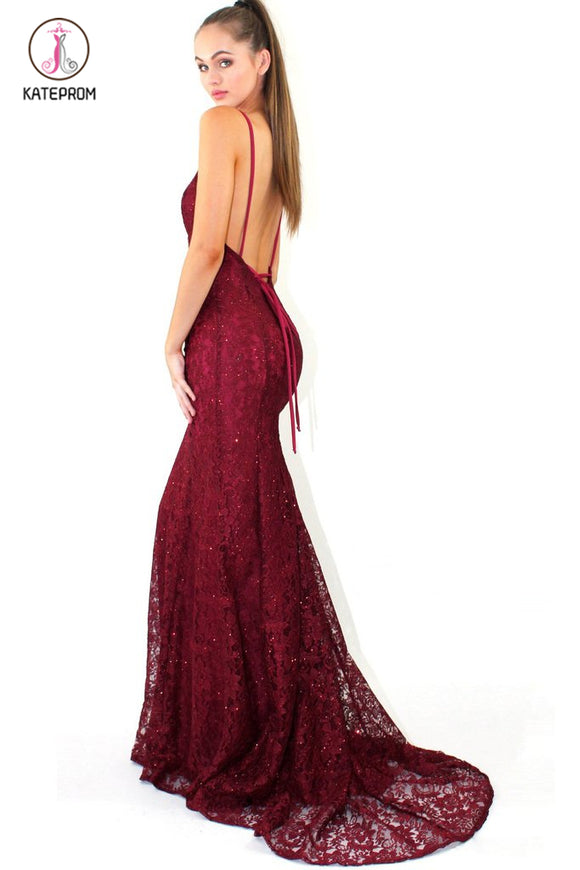 Full Lace V Neck Mermaid Prom Dress, Spaghetti Strap Backless Evening Dresses KPP0679