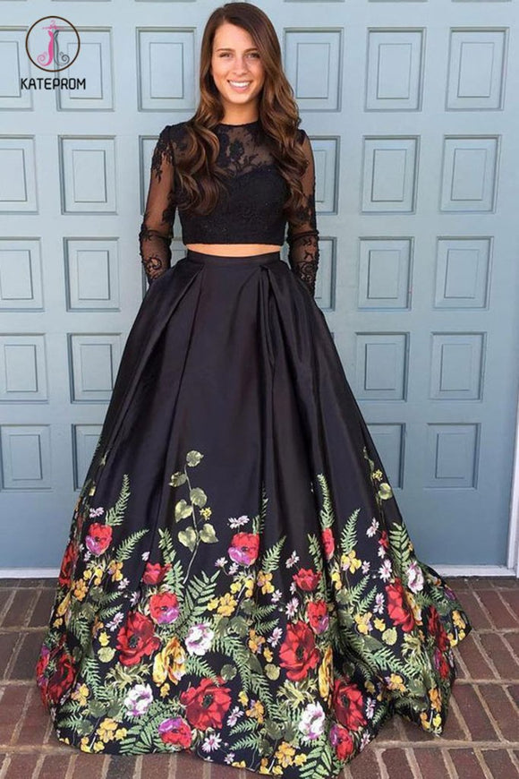 Two Piece Black Long Sleeve Formal Dress with Appliques, Long Prom Dress with Lace KPP0681