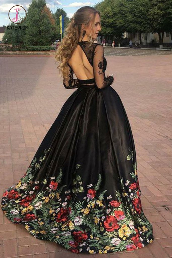 Two Piece Black Long Sleeve Formal Dress with Appliques, Long Prom Dre –  kateprom