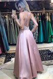 A Line Halter Backless Pink Long Prom Dresses with Pockets, Long Formal Dresses KPP0683