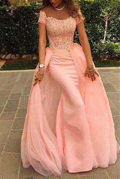Off The Shoulder Coral Prom Dresses Mermaid Lace Sexy Long Evening Gowns KPP0684