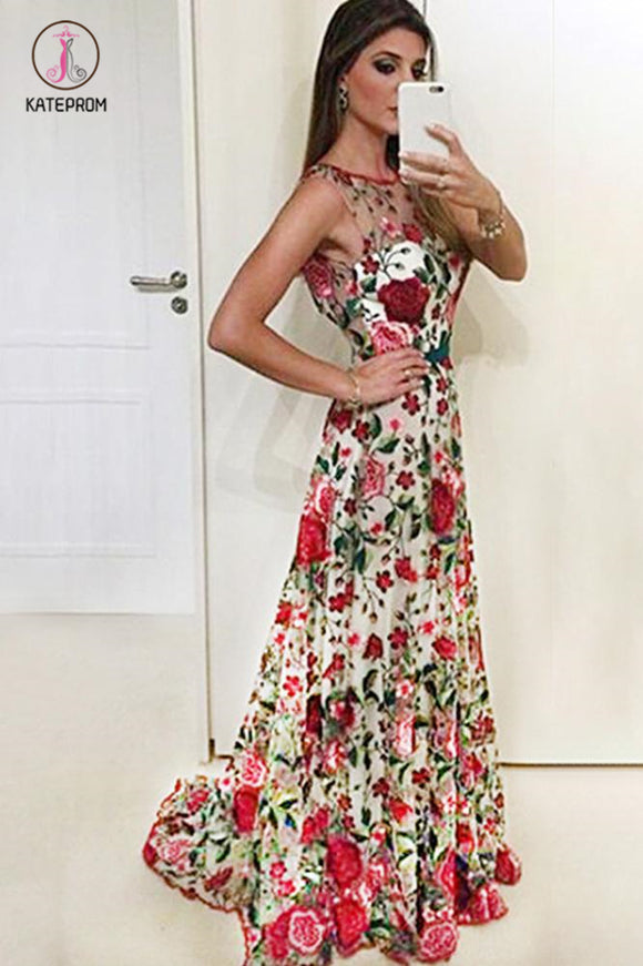 A Line Sleeveless Prom Dress with Embroidery, Long Evening Dresses with Red Flowers KPP0686