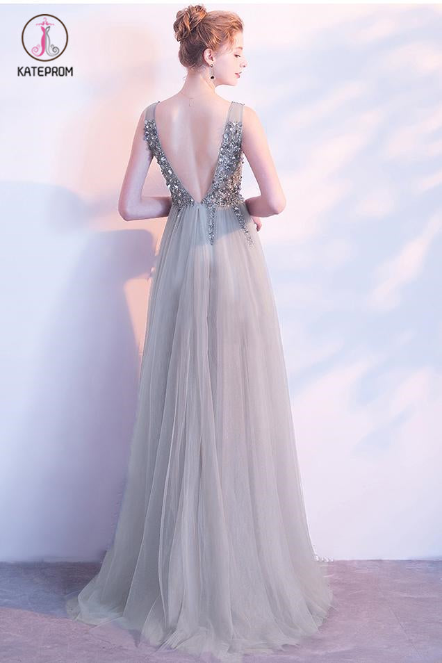 Sleeveless V Neck Sequins Tulle Prom Dress LBQ1584