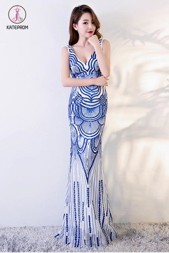 Royal Blue Mermaid Prom Dresses, V Neck Long Evening Dress with Sequins KPP0695