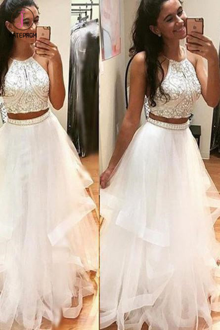 Two Piece Floor Length Prom Dresses with Beading, Cheap Prom Dress for Teens KPP0700