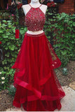 Red Two Piece Prom Dresses with Beading, Charming Long Homecoming Dress KPP0702