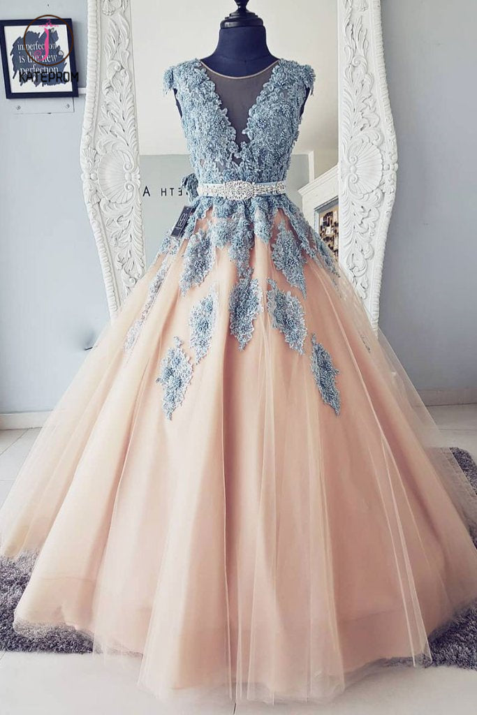 Puffy Round Neck Teal Blue Lace and Peach Tulle Long Prom Dresses Ball   kateprom