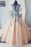 Puffy Round Neck Teal Blue Lace and Peach Tulle Long Prom Dresses Ball Gown KPP0705