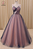 Ball Gown V Neck Dark Blue Tulle Prom Dress with Applique, Puffy Long Quinceanera Dress KPP0710