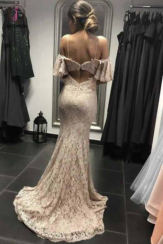 Ivory Mermaid Spaghetti Straps Open Back Lace Prom Dress, Lace Wedding Dress KPP0714