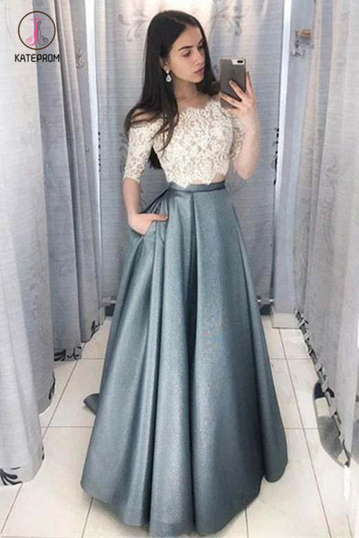 Two Piece Off-the-Shoulder Half Sleeves Satin Prom Dress with Lace Top KPP0715