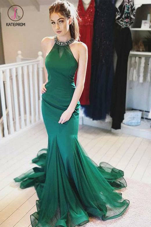 Stunning Halter Green Prom Dress with Beading Mermaid Tulle Evening Gown KPP0722