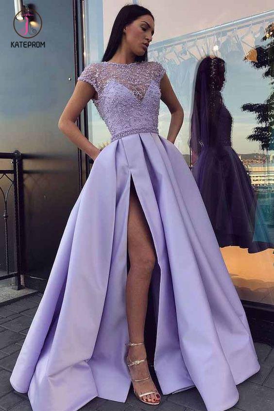 A Line Cap Sleeves Satin Prom Dress, Satin Graduation School Party Gow – kateprom