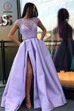 A Line Cap Sleeves Satin Prom Dress, Satin Graduation School Party Gown with Side Split KPP0723