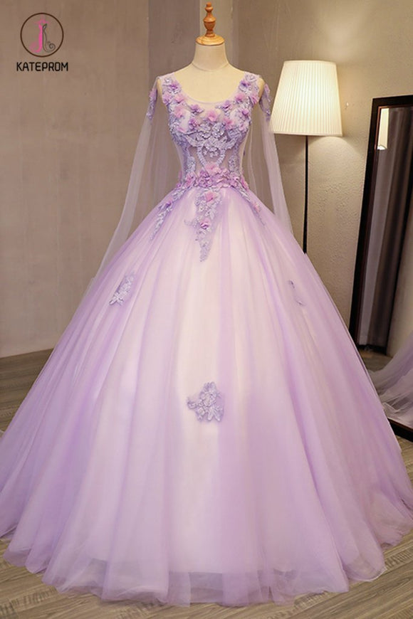 Unique Lilac Tulle Long Ball Gown Evening Dress with Flowers, Puffy Quinceanera Dresses KPP0728