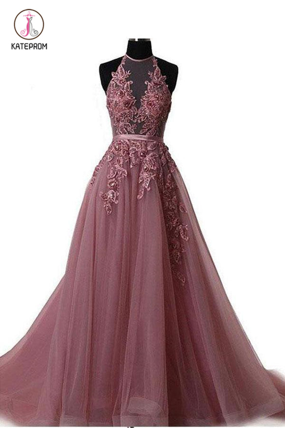 A Line Cheap Halter Tulle Prom Dress with Appliques, Long Party Dress with Rhinestones KPP0730
