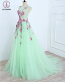 A Line Mint Green Sleeveless Tulle Formal Dress with Appliques, Long Tulle Prom Dress KPP0731