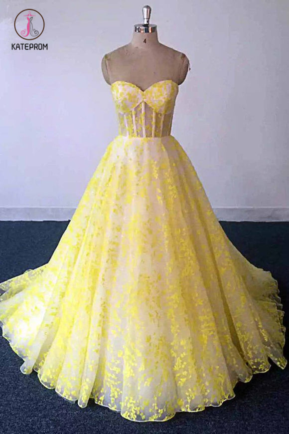 Yellow Lace Strapless Long Graduation Dress, Sweetheart Prom Dress For