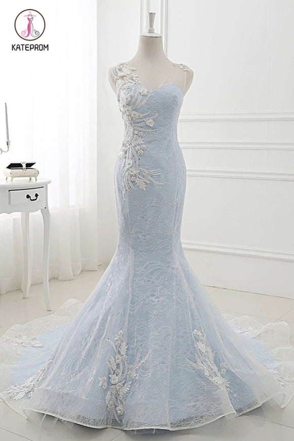 Baby Blue Sweep Train Lace Mermaid Evening Dresses, Formal Dress With Applique KPP0738