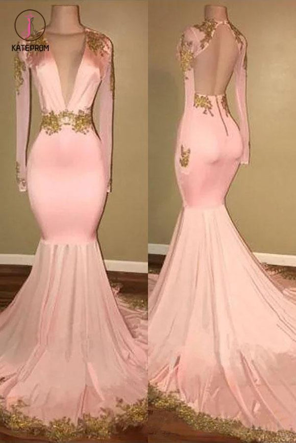 Mermaid V-neck Brush Train Long Sleeves Applique Prom Dresses, Backless Senior Dress KPP0739