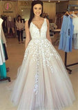 A Line Applique Tulle Prom Dress, Long V Neck Sleeveless Party Dress with Beading KPP0742