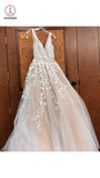 A Line Applique Tulle Prom Dress, Long V Neck Sleeveless Party Dress with Beading KPP0742